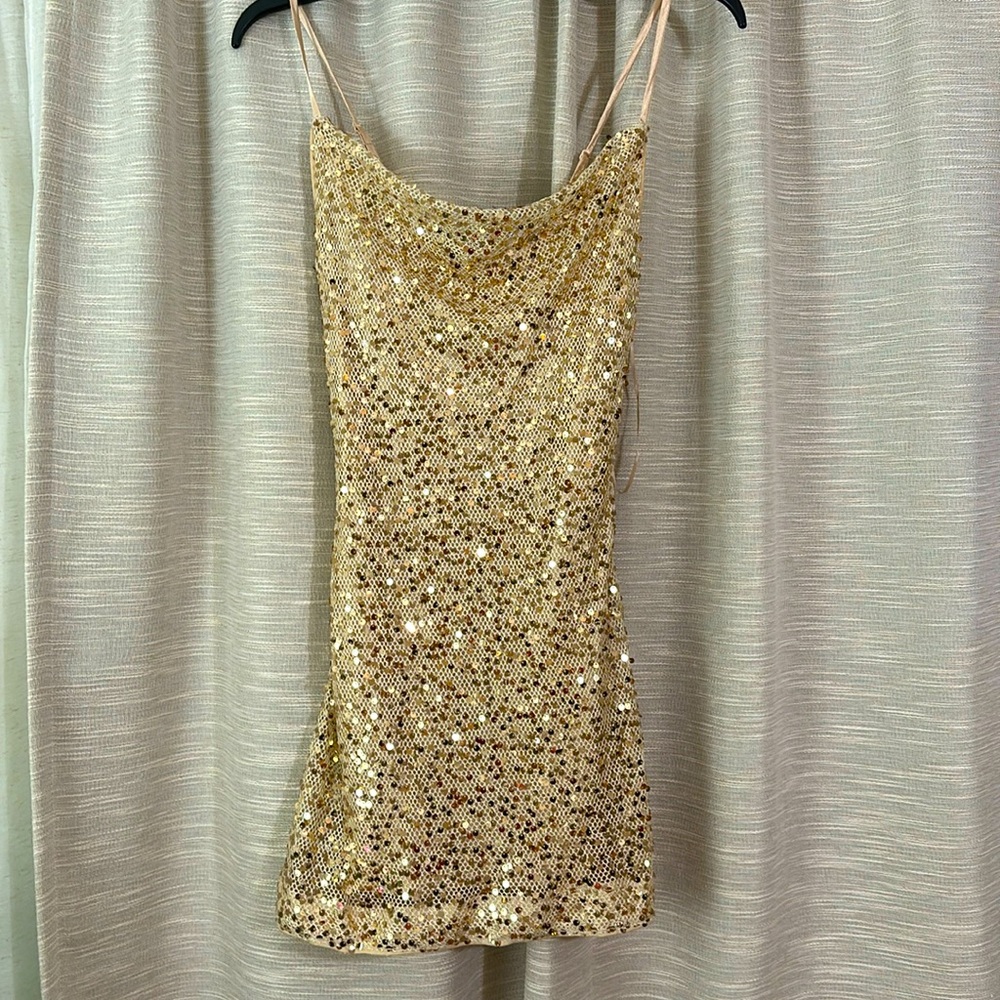 Gold sequin mesh dress with cowl neck. Size x small. Never worn.